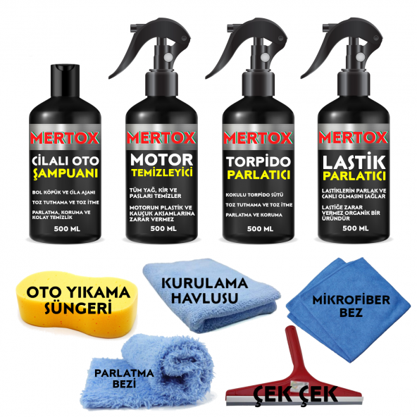 MERTOX ARAÇ ARABA OTOMOBİL OTO TEMİZLİK VE BAKIM SETİ CİLALI OTO ŞAMPUANI MOTOR TEMİZLEYİCİ TORPİDO PARLATICI SÜT VE LASTİK PARLATICI 4X500ML ürün görseli 1
