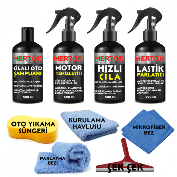 MERTOX ARAÇ ARABA OTOMOBİL OTO TEMİZLİK VE BAKIM SETİ CİLALI OTO ŞAMPUANI+MOTOR TEMİZLEYİCİ+HIZLI CİLA VE LASTİK PARLATICI 4X500ML ürün görseli 1
