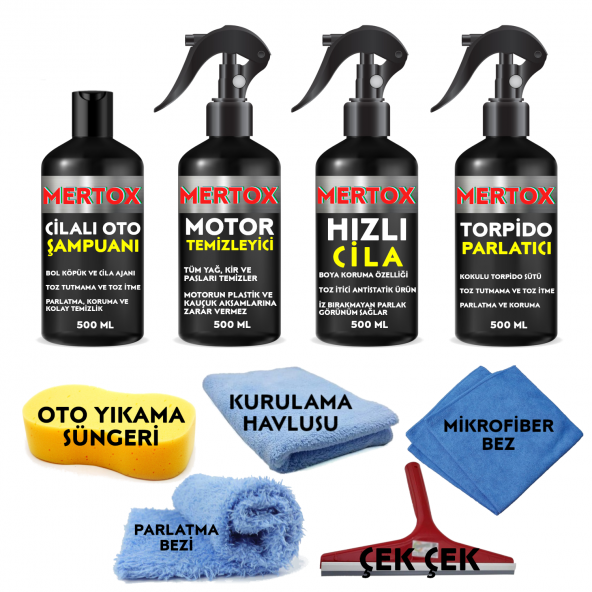 MERTOX ARAÇ ARABA OTOMOBİL OTO TEMİZLİK VE BAKIM SETİ CİLALI OTO ŞAMPUANI+MOTOR TEMİZLEYİCİ+HIZLI CİLA VE TORPİDO PARLATMA SÜTÜ 4X500ML ürün görseli 1
