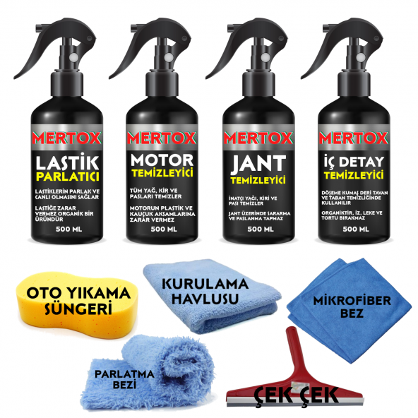 MERTOX ARAÇ ARABA OTOMOBİL OTO TEMİZLİK VE BAKIM SETİ MOTOR JANT İÇ DETAY TEMİZLEYİCİ VE LASTİK PARLATICI 4X500ML TEMİZLEME SOLÜSYON BAKIM KORUMA ürün görseli 1