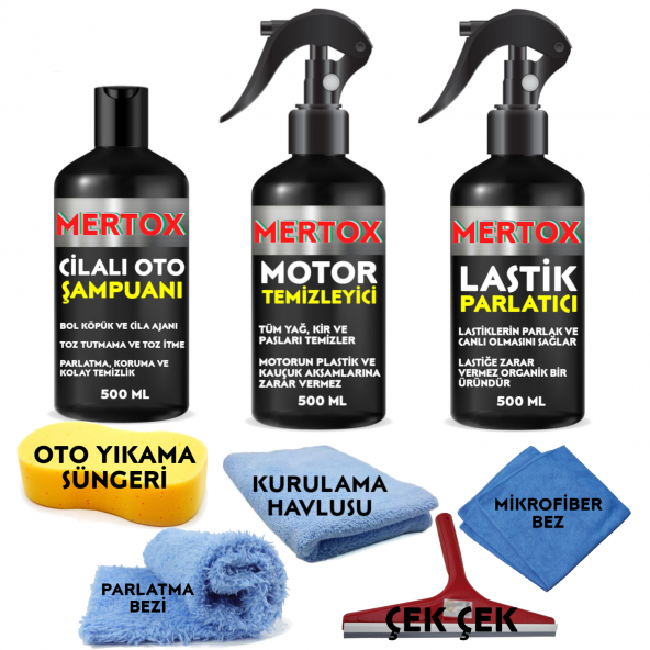 MERTOX ARAÇ ARABA OTOMOBİL OTO TEMİZLİK VE BAKIM SETİ CİLALI OTO ŞAMPUANI+MOTOR+LASTİK PARLATICI 3X500ML TEMİZLEME SOLÜSYON BAKIM KORUMA ürün görseli 1