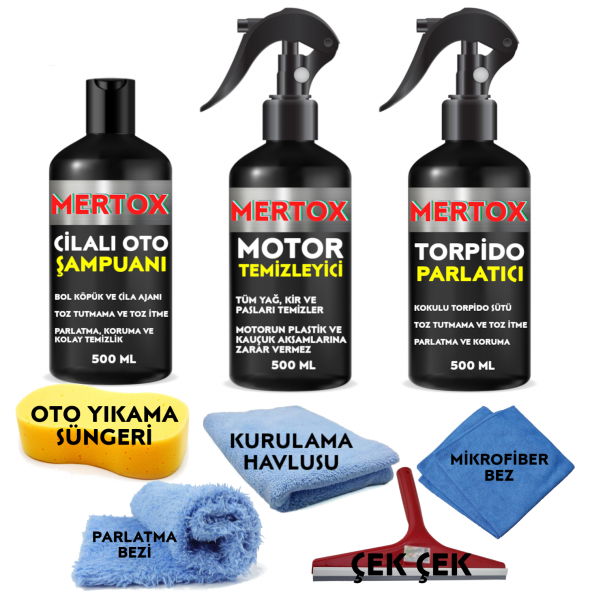 MERTOX ARAÇ ARABA OTOMOBİL OTO TEMİZLİK VE BAKIM SETİ CİLALI OTO ŞAMPUANI+MOTOR+TORPİDO PARLATICI 3X500ML TEMİZLEME SOLÜSYON BAKIM KORUMA ürün görseli 1
