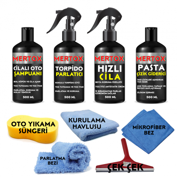 MERTOX ARAÇ ARABA OTOMOBİL OTO TEMİZLİK VE BAKIM SETİ CİLALI OTO ŞAMPUANI+TORPİDO PARLATICI+HIZLI CİLA VE İNCE PASTA ÇİZİK GİDERİCİ 4X500ML ürün görseli 1