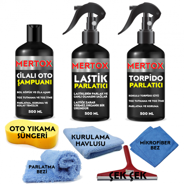 MERTOX ARAÇ ARABA OTOMOBİL OTO TEMİZLİK VE BAKIM SETİ CİLALI OTO ŞAMPUANI+LASTİK+TORPİDO PARLATICI 3X500ML TEMİZLEME SOLÜSYON BAKIM KORUMA ürün görseli 1
