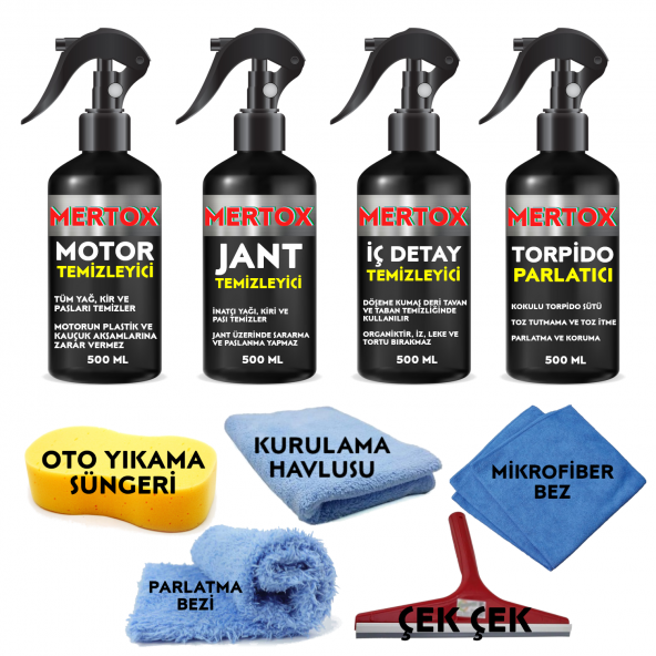 MERTOX ARAÇ ARABA OTOMOBİL OTO TEMİZLİK VE BAKIM SETİ MOTOR JANT İÇ DETAY TEMİZLEYİCİ VE TORPİDO PARLATICI SÜT 4X500ML ürün görseli 1