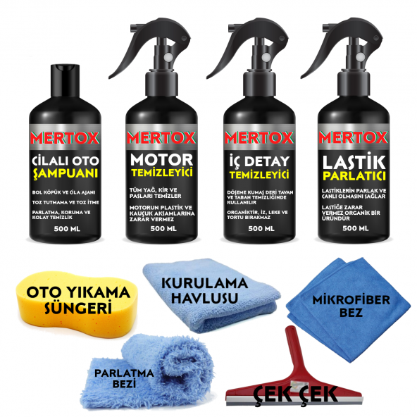 MERTOX ARAÇ ARABA OTOMOBİL OTO TEMİZLİK VE BAKIM SETİ MOTOR İÇ DETAY TEMİZLEYİCİ LASTİK PARLATICI VE CİLALI OTO ŞAMPUANI 4X500ML ürün görseli 1