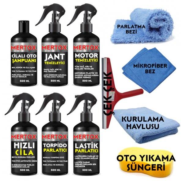 MERTOX ARAÇ ARABA OTOMOBİL OTO TEMİZLİK VE BAKIM SETİ CİLALI OTO ŞAMPUANI+JANT-MOTOR TEMİZLEYİCİ+HIZLI CİLA+TORPİDO+LASTİK PARLATICI 6X500ML ürün görseli 1