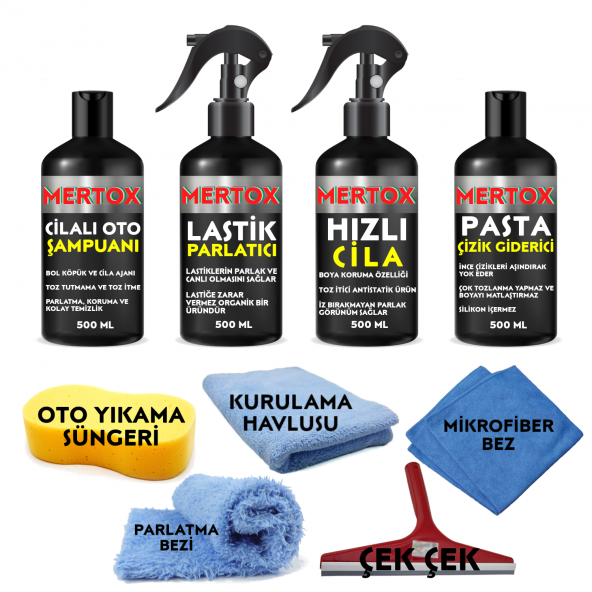 MERTOX ARAÇ ARABA OTOMOBİL OTO TEMİZLİK VE BAKIM SETİ CİLALI OTO ŞAMPUANI+LASTİK PARLATICI+HIZLI CİLA VE İNCE PASTA ÇİZİK GİDERİCİ 4X500ML ürün görseli 1