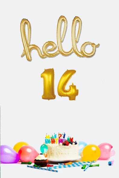 Pazariz 14 Yaş Doğum Günü Balonları - Hello 14 El Yazısı Gold Renk Folyo Balon ürün görseli 1