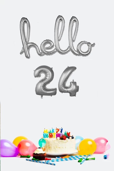 Pazariz 24 Yaş Doğum Günü Balonları - Hello 24 El Yazısı Gümüş Renk Folyo Balon ürün görseli 1