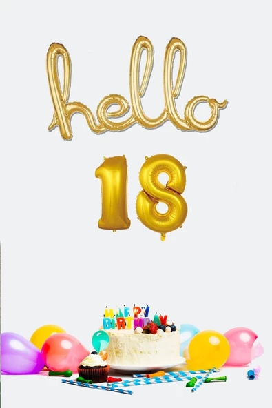 Pazariz 18 Yaş Doğum Günü Balonları - Hello 18 El Yazısı Gold Renk Folyo Balon ürün görseli 1