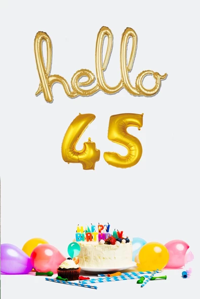 Pazariz 45 Yaş Doğum Günü Balonları - Hello 45 El Yazısı Gold Renk Folyo Balon ürün görseli 1