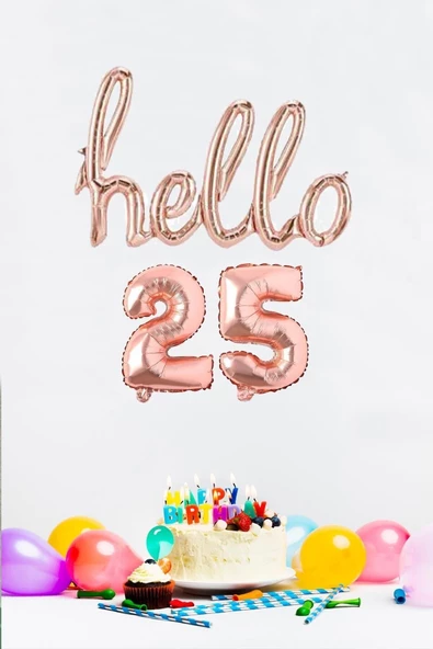 Pazariz 25 Yaş Doğum Günü Balonları - Hello 25 El Yazısı Rose Gold Renk Folyo Balon ürün görseli 1