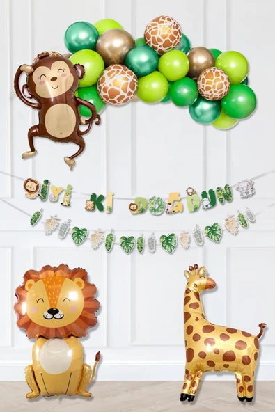Pazariz Safari Doğum Günü Folyo Balonlu Parti Paketi Yeşil Gold Safari Balon Zinciri ürün görseli 1