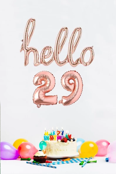 Pazariz 29 Yaş Doğum Günü Balonları - Hello 29 El Yazısı Rose Gold Renk Folyo Balon ürün görseli 1