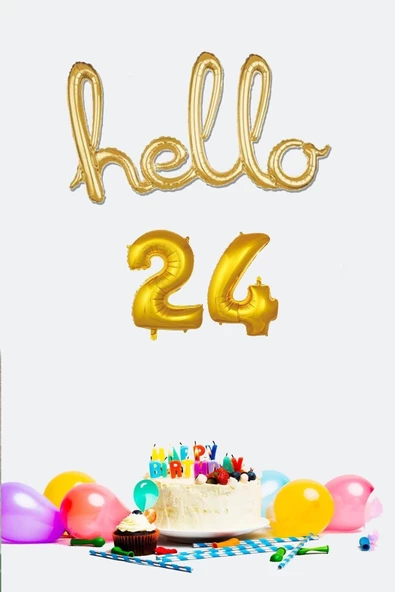 Pazariz 24 Yaş Doğum Günü Balonları - Hello 24 El Yazısı Gold Renk Folyo Balon ürün görseli 1