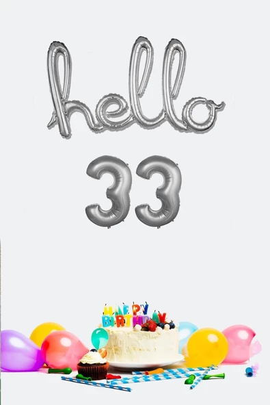 Pazariz 33 Yaş Doğum Günü Balonları - Hello 33 El Yazısı Gümüş Renk Folyo Balon ürün görseli 1