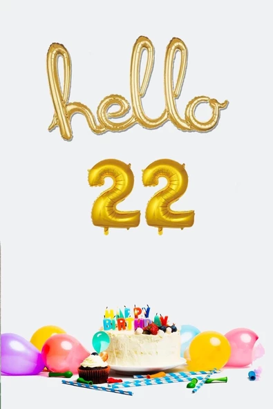 Pazariz 22 Yaş Doğum Günü Balonları - Hello 22 El Yazısı Gold Renk Folyo Balon ürün görseli 1