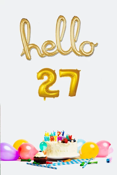 Pazariz 27 Yaş Doğum Günü Balonları - Hello 27 El Yazısı Gold Renk Folyo Balon ürün görseli 1