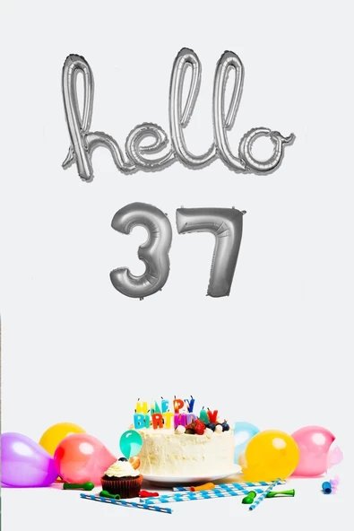 Pazariz 37 Yaş Doğum Günü Balonları - Hello 37 El Yazısı Gümüş Renk Folyo Balon ürün görseli 1