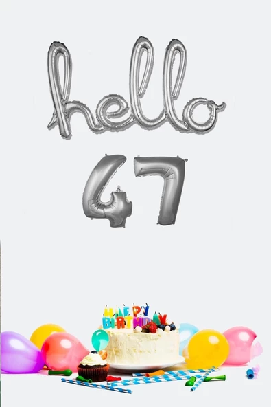 Pazariz 47 Yaş Doğum Günü Balonları - Hello 47 El Yazısı Gümüş Renk Folyo Balon ürün görseli 1