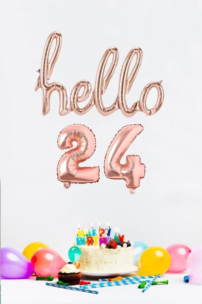 Pazariz 24 Yaş Doğum Günü Balonları - Hello 24 El Yazısı Rose Gold Renk Folyo Balon ürün görseli 1