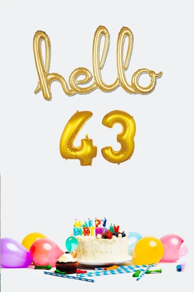 Pazariz 43 Yaş Doğum Günü Balonları - Hello 43 El Yazısı Gold Renk Folyo Balon ürün görseli 1