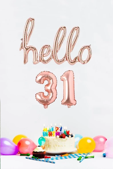 Pazariz 31 Yaş Doğum Günü Balonları - Hello 31 El Yazısı Rose Gold Renk Folyo Balon ürün görseli 1
