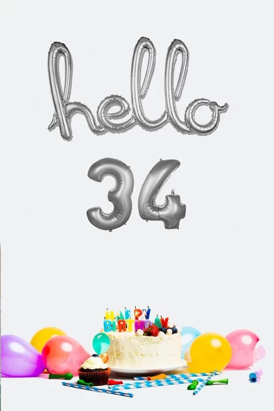Pazariz 34 Yaş Doğum Günü Balonları - Hello 34 El Yazısı Gümüş Renk Folyo Balon ürün görseli 1