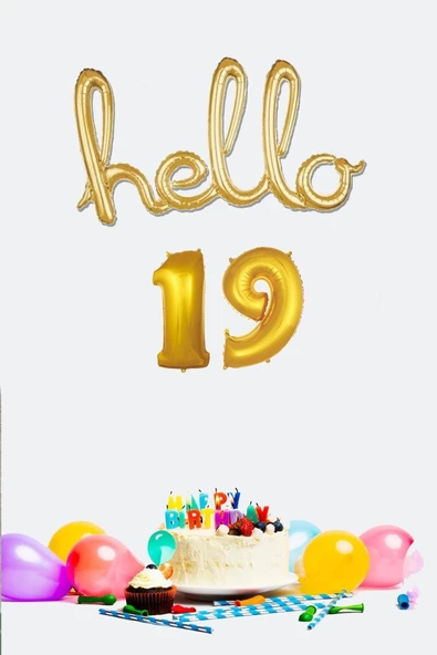 Pazariz 19 Yaş Doğum Günü Balonları - Hello 19 El Yazısı Gold Renk Folyo Balon ürün görseli 1