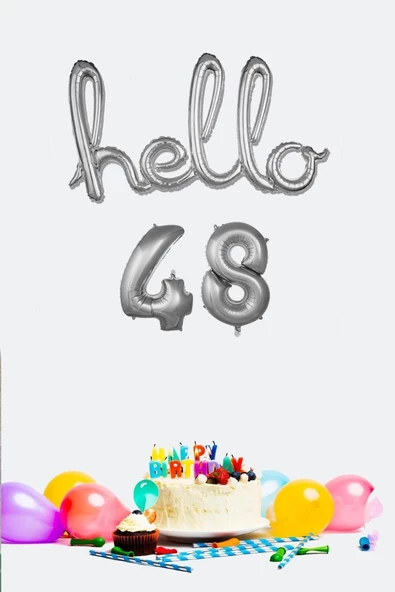 Pazariz 48 Yaş Doğum Günü Balonları - Hello 48 El Yazısı Gümüş Renk Folyo Balon ürün görseli 1