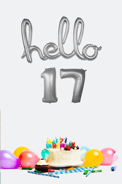 Pazariz 17 Yaş Doğum Günü Balonları - Hello 17 El Yazısı Gümüş Renk Folyo Balon ürün görseli 1