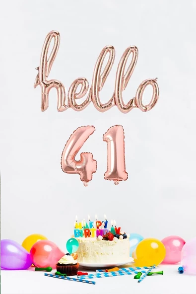 Pazariz 41 Yaş Doğum Günü Balonları - Hello 41 El Yazısı Rose Gold Renk Folyo Balon ürün görseli 1
