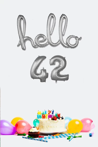 Pazariz 42 Yaş Doğum Günü Balonları - Hello 42 El Yazısı Gümüş Renk Folyo Balon ürün görseli 1