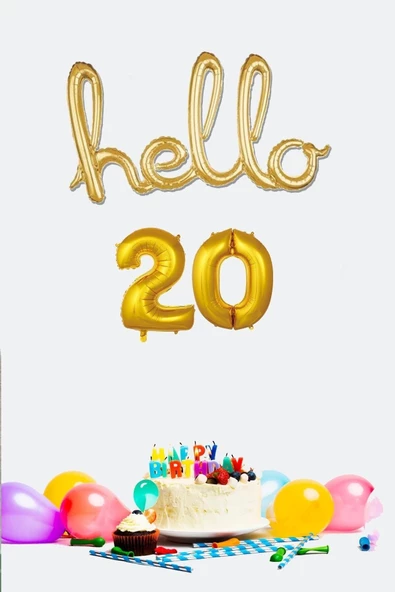 Pazariz 20 Yaş Doğum Günü Balonları - Hello 20 El Yazısı Gold Renk Folyo Balon ürün görseli 1