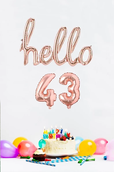 Pazariz 43 Yaş Doğum Günü Balonları - Hello 43 El Yazısı Rose Gold Renk Folyo Balon ürün görseli 1