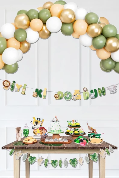 Pazariz Retro Safari Doğum Günü Balon Zinciri Safari Banner Set ürün görseli 1