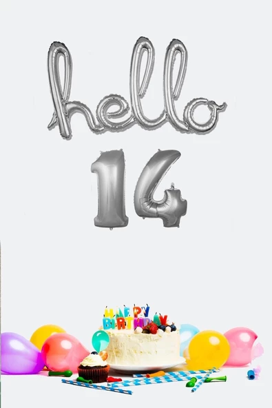 Pazariz 14 Yaş Doğum Günü Balonları - Hello 14 El Yazısı Gümüş Renk Folyo Balon ürün görseli 1