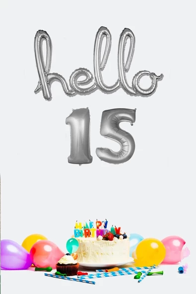 Pazariz 15 Yaş Doğum Günü Balonları - Hello 15 El Yazısı Gümüş Renk Folyo Balon ürün görseli 1