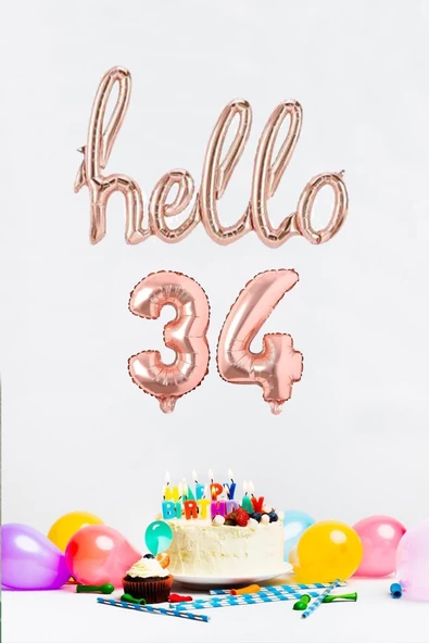 Pazariz 34 Yaş Doğum Günü Balonları - Hello 34 El Yazısı Rose Gold Renk Folyo Balon ürün görseli 1