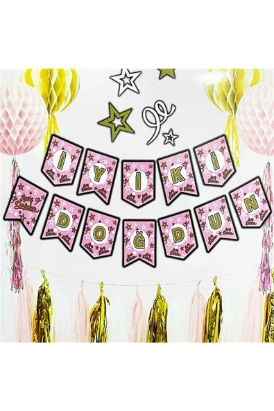 Pazariz Pembe Üzeri Gold Harfli Iyi Ki Doğdun Yazı ürün görseli 1