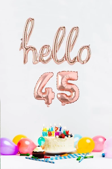 Pazariz 45 Yaş Doğum Günü Balonları - Hello 45 El Yazısı Rose Gold Renk Folyo Balon ürün görseli 1