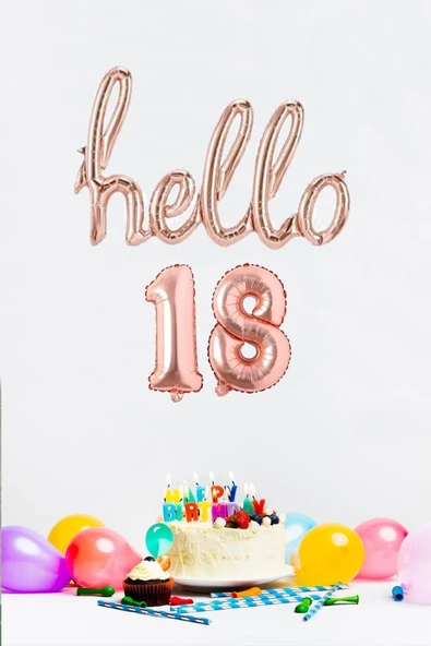 Pazariz 18 Yaş Doğum Günü Balonları - Hello 18 El Yazısı Rose Gold Renk Folyo Balon ürün görseli 1