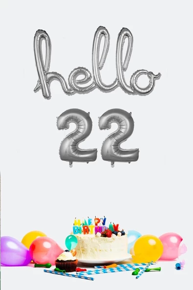 Pazariz 22 Yaş Doğum Günü Balonları - Hello 22 El Yazısı Gümüş Renk Folyo Balon ürün görseli 1
