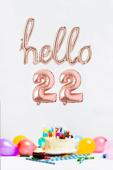 Pazariz 22 Yaş Doğum Günü Balonları - Hello 22 El Yazısı Rose Gold Renk Folyo Balon ürün görseli 1