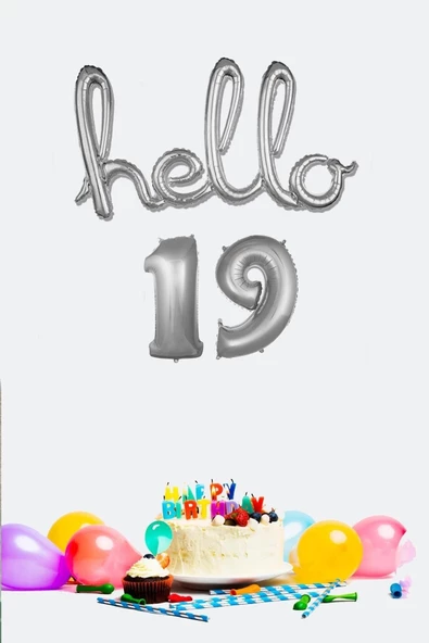Pazariz 19 Yaş Doğum Günü Balonları - Hello 19 El Yazısı Gümüş Renk Folyo Balon ürün görseli 1
