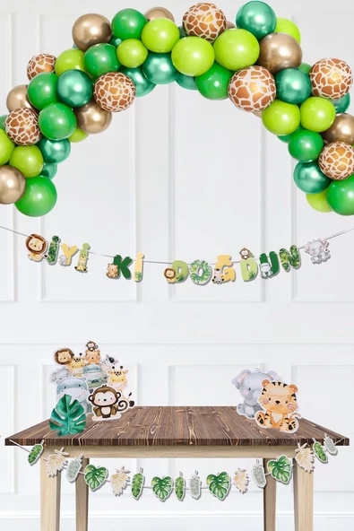 Pazariz Safari Doğum Günü Parti Paketi Yeşil Gold Balon Zinciri Safari Ayaklı Pano ve Banner Set ürün görseli 1