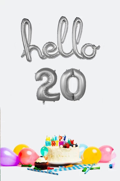 Pazariz 20 Yaş Doğum Günü Balonları - Hello 20 El Yazısı Gümüş Renk Folyo Balon ürün görseli 1