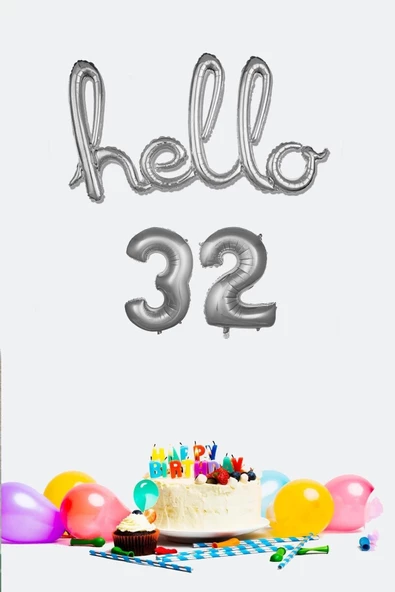 Pazariz 32 Yaş Doğum Günü Balonları - Hello 32 El Yazısı Gümüş Renk Folyo Balon ürün görseli 1