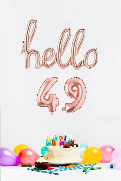 Pazariz 49 Yaş Doğum Günü Balonları - Hello 49 El Yazısı Rose Gold Renk Folyo Balon ürün görseli 1